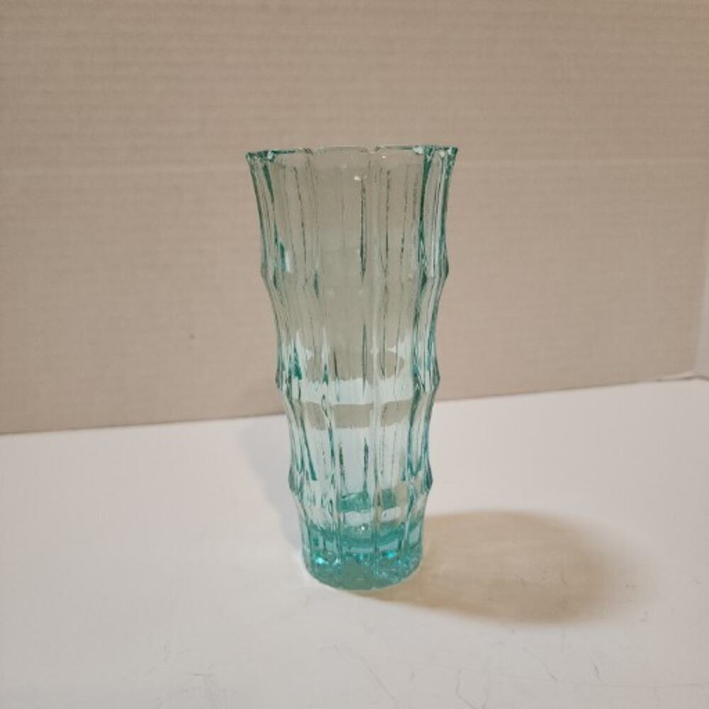 Vtg Indiana Glass Tiara Exclusives Aquamarine Blue 5.5" Vase Bamboo Panels